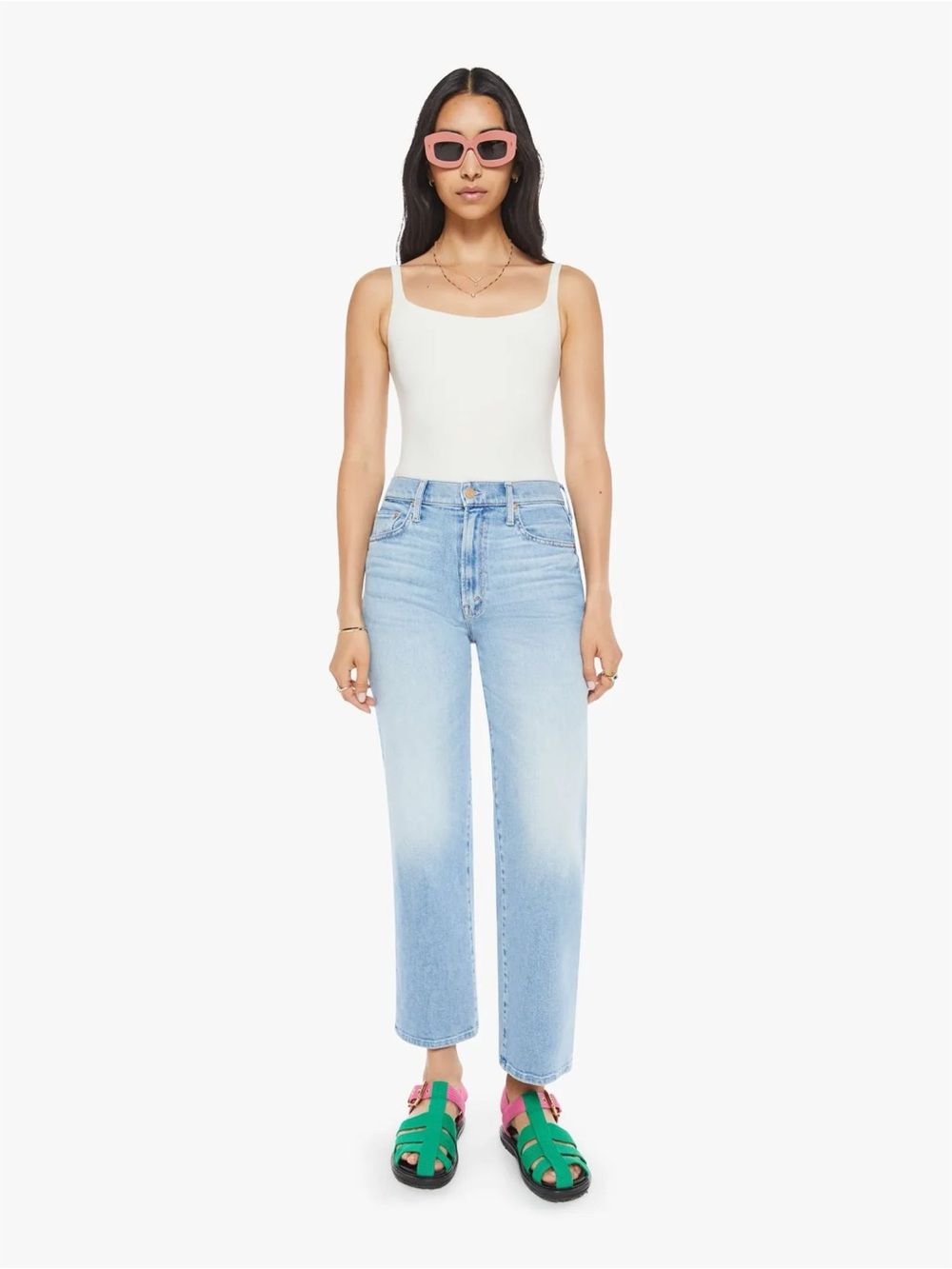 MOTHER The Rambler Zip Ankle in Look Ma, No Hands Light Wash Blue Sz 30